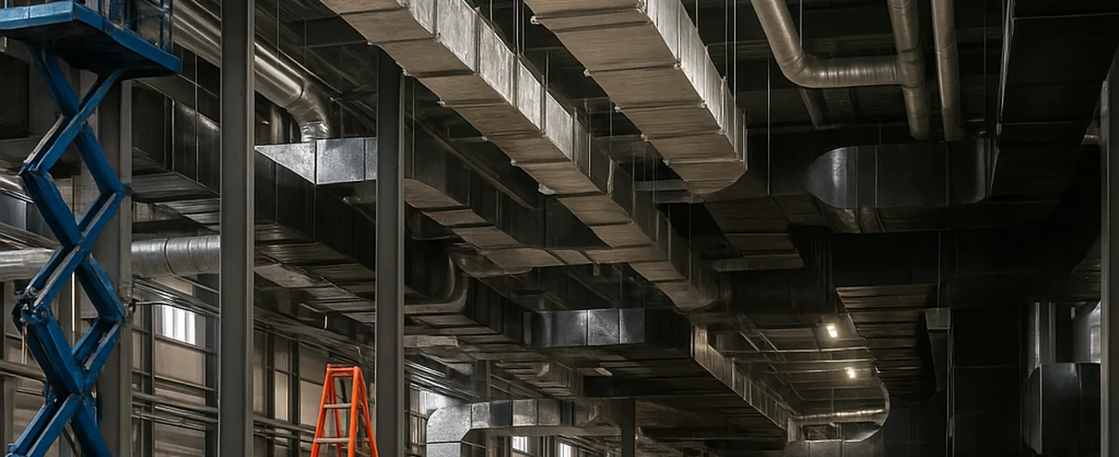 Overhead duct and conduit runs in a plant hall with lifts working below